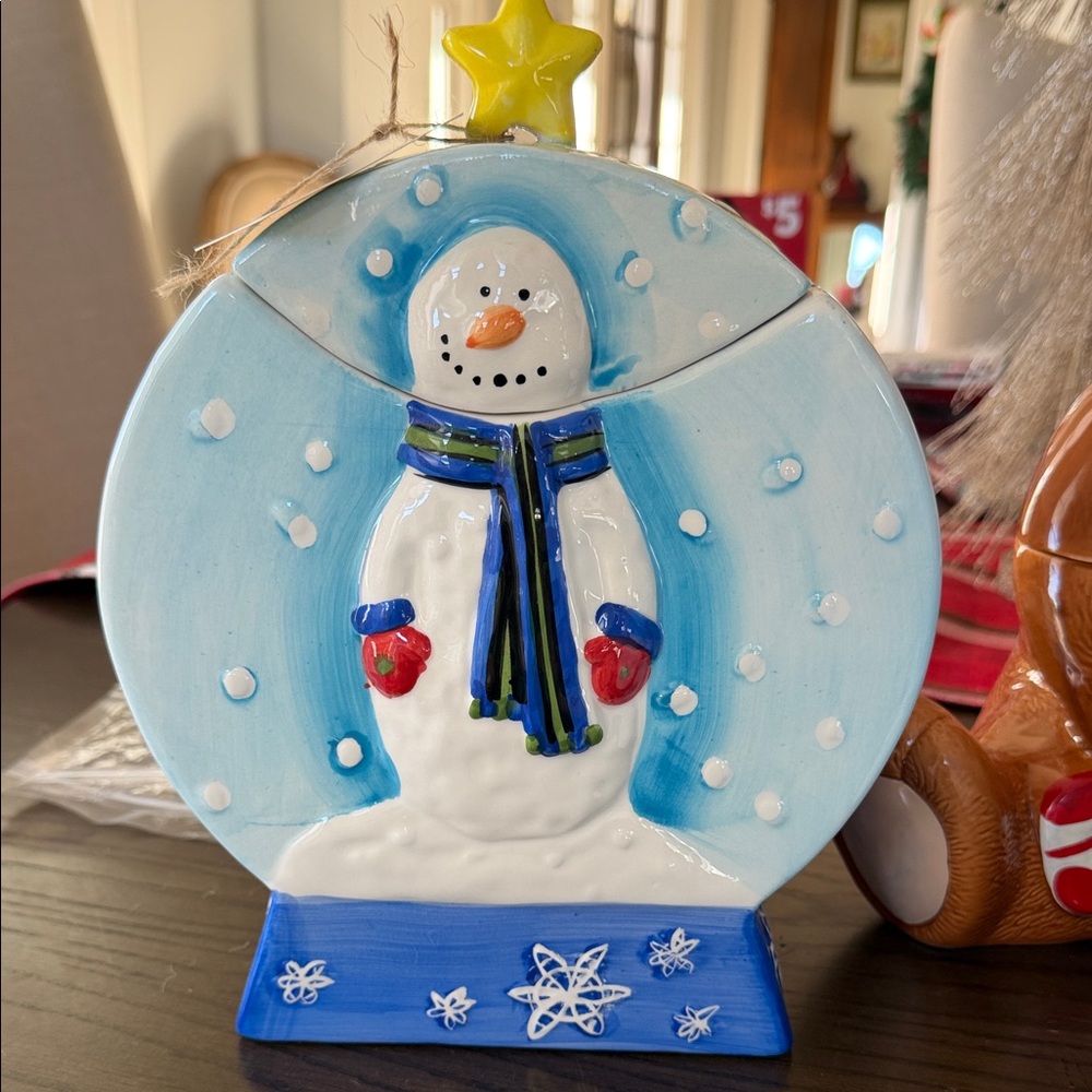 Vintage  Snow Globe Holiday Cookie Jar with Blue and White Design